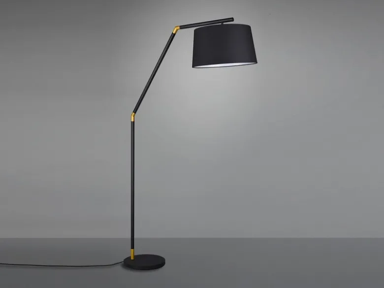 LED Bogenleuchte Metall Schwarz Gold mit Stoffschirm Schwarz, Höhe 175cm