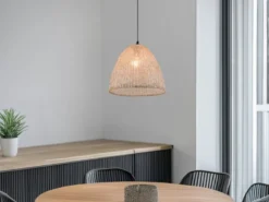 LED Boho Pendelleuchte mit Lampenschirm aus grob gewebtem Stoff, Ø 32cm