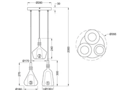 LED Cluster Pendelleuchte 3-flammig Glas Bernstein & Chrom verspiegelt, Ø 35cm
