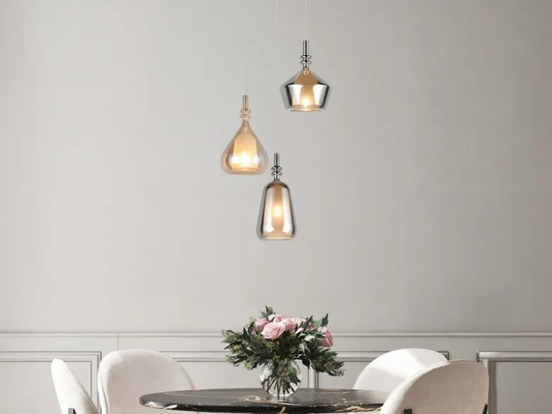 LED Cluster Pendelleuchte 3-flammig Glas Bernstein & Chrom verspiegelt, Ø 35cm