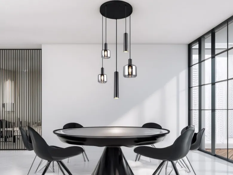 LED Cluster Pendelleuchte 5-flammig aus Metall mit Glasschirmen Chrom, Ø 40cm