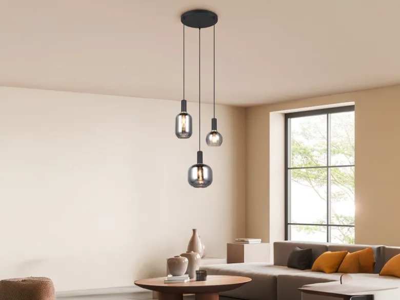LED Cluster Pendelleuchte 3-flammig mit Glasschirmen Chrom bedampft, Ø 38cm
