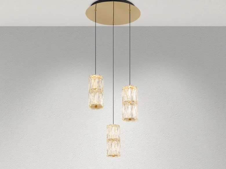 LED Cluster Pendelleuchte STEFANIE 3-flammig Gold mit Glaskristallen, Ø 36cm