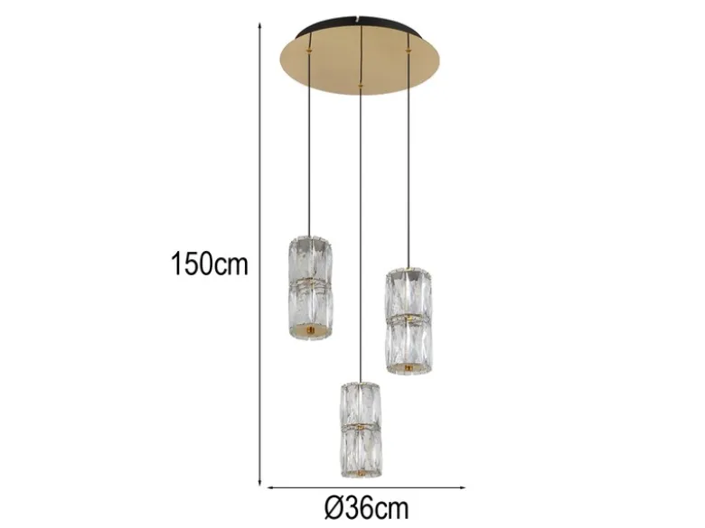 LED Cluster Pendelleuchte STEFANIE 3-flammig Gold mit Glaskristallen, Ø 36cm