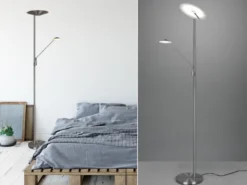 LED Deckenfluter BRANTFORD Silber schwenkbar mit Lesearm, Höhe 180cm