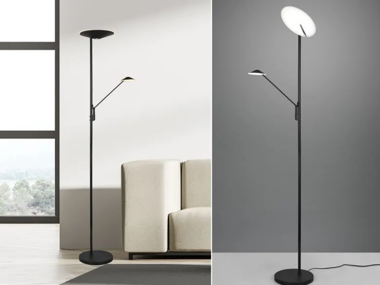 LED Deckenfluter BRANTFORD Schwarz schwenkbar mit Lesearm, Höhe 180cm