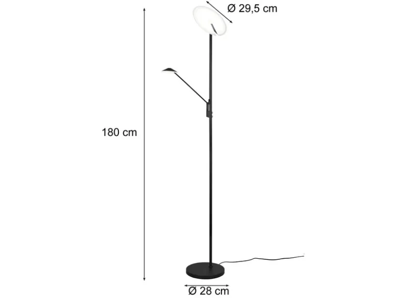 LED Deckenfluter BRANTFORD Schwarz schwenkbar mit Lesearm, Höhe 180cm