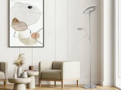 LED Deckenfluter DENT Silber mit Leselampe dimmbar, Höhe 180cm