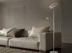 LED Deckenfluter DENT Silber mit Leselampe dimmbar, Höhe 180cm