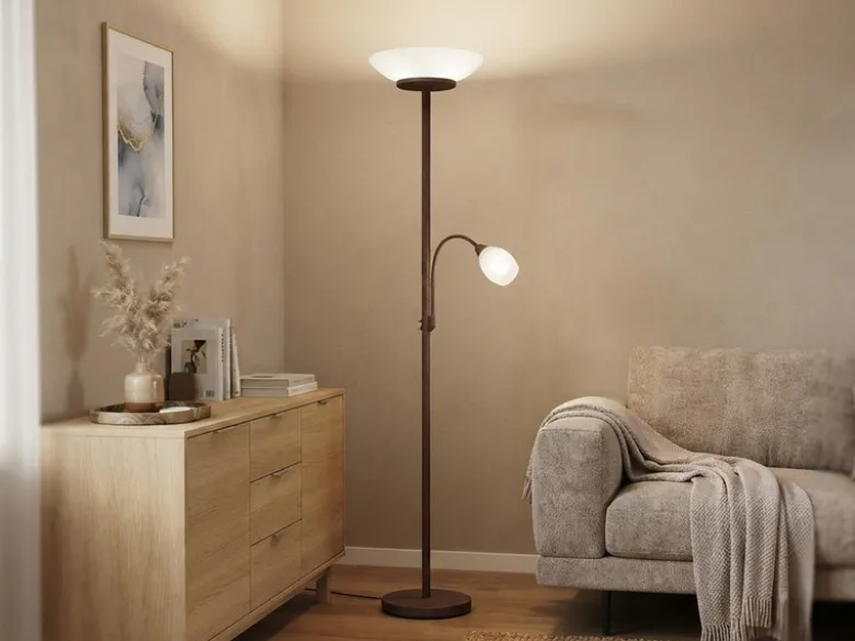 LED Deckenfluter mit Leselampe, Rostoptik & Glasschirme weiß, Höhe 180cm