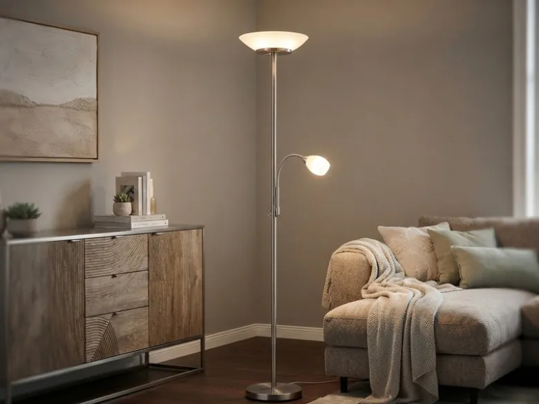 LED Deckenfluter mit Leselampe, Silber & Glasschirme weiß, Höhe 180cm