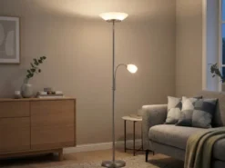 LED Deckenfluter mit Leselampe, Silber & Glasschirme weiß, Höhe 180cm
