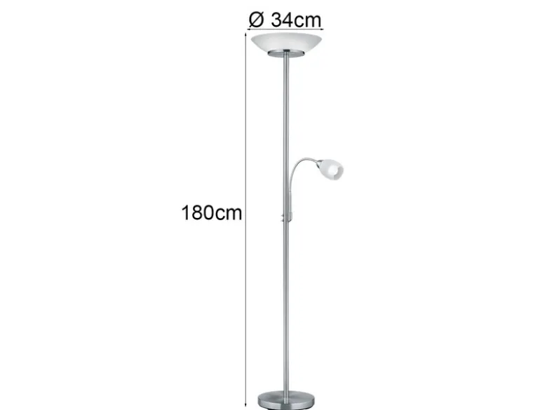 LED Deckenfluter mit Leselampe, Silber & Glasschirme weiß, Höhe 180cm