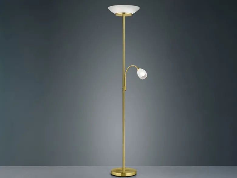LED Deckenfluter mit Leselampe, Messing & Glasschirme weiß, Höhe 180cm