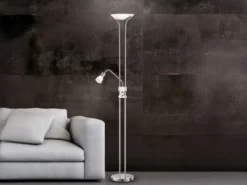 LED Deckenfluter SANTO II dimmbar mit Leselampe in Silber, Höhe 180cm