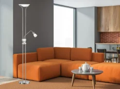 LED Deckenfluter SANTO II dimmbar mit Leselampe in Silber, Höhe 180cm