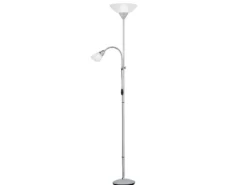 LED Deckenfluter Silber mit flexibler Leselampe, Höhe 180cm