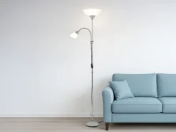 LED Deckenfluter Silber mit flexibler Leselampe, Höhe 180cm