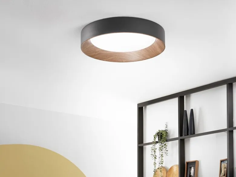 LED Deckenleuchte ARKA Schwarz mit Holzoptik, hell & 3 Lichtfarben Ø 50cm