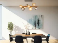 LED Deckenleuchte aus Holz 9-flammig Glaskugeln Rauchglas & Bernstein, B: 78cm