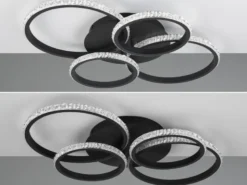 LED Deckenleuchte CIRES dimmbar, Kristall Ringe schwenkbar, Schwarz, Breite 65cm