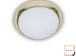 LED Deckenleuchte Deckenschale Opalglas matt, Dekorring Messing poliert, Ø 25cm