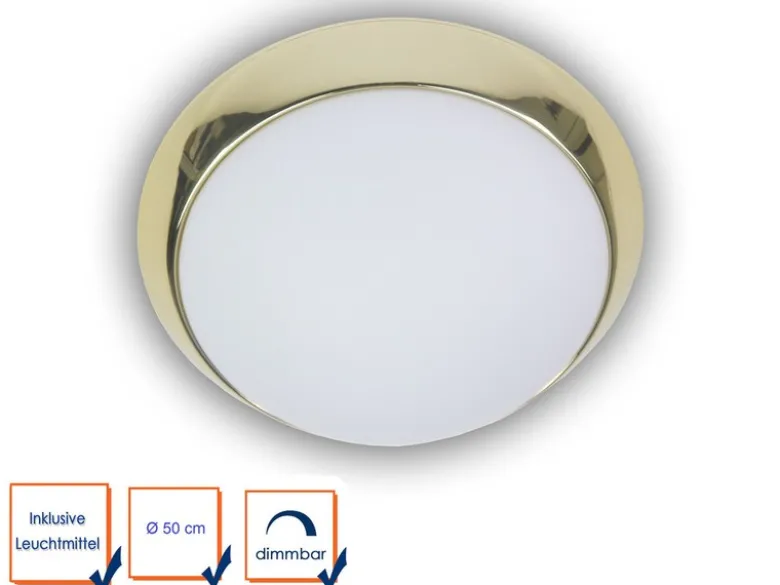 LED Deckenleuchte Deckenschale Opalglas matt, Dekorring Messing poliert, Ø 50cm