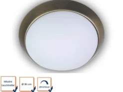 LED Deckenleuchte / Deckenschale, Opalglas matt, Dekorring Altmessing, Ø 30cm