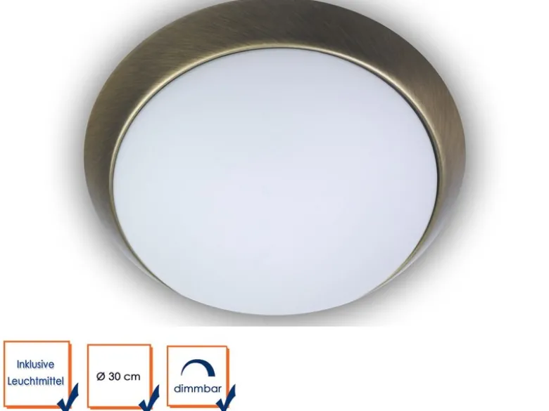 LED Deckenleuchte / Deckenschale, Opalglas matt, Dekorring Altmessing, Ø 30cm