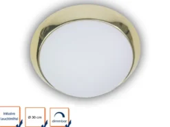 LED Deckenleuchte Deckenschale Opalglas matt, Dekorring Messing poliert, Ø 30cm