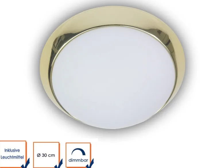 LED Deckenleuchte Deckenschale Opalglas matt, Dekorring Messing poliert, Ø 30cm