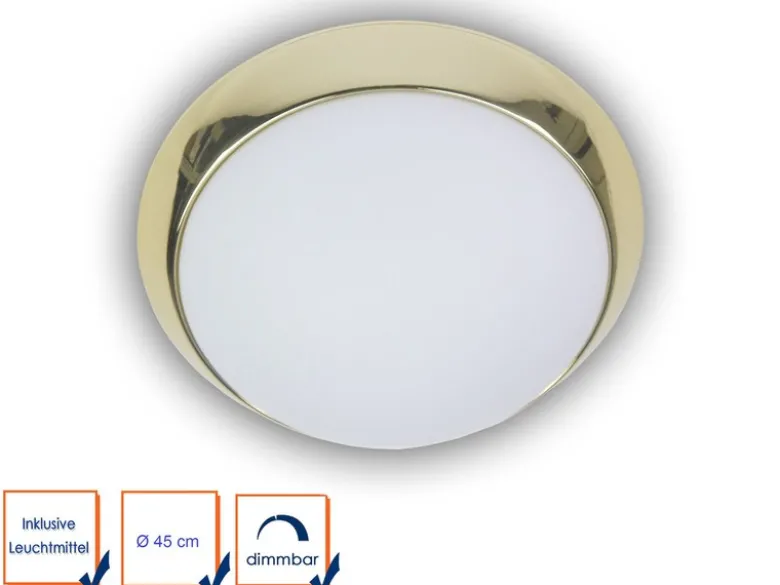 LED Deckenleuchte Deckenschale Opalglas matt, Dekorring Messing poliert, Ø 45cm