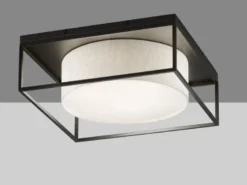 LED Deckenleuchte eckig groß mit Leinen Stoffschirm Beige, Quadrat 60cm