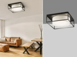 LED Deckenleuchte eckig groß mit Leinen Stoffschirm Beige, Quadrat 60cm