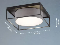 LED Deckenleuchte eckig groß mit Leinen Stoffschirm Grau, Quadrat 50cm