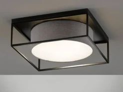 LED Deckenleuchte eckig groß mit Leinen Stoffschirm Grau, Quadrat 50cm