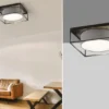 LED Deckenleuchte eckig groß mit Leinen Stoffschirm Grau, Quadrat 60cm