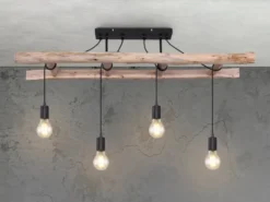 LED Deckenleuchte 4-flammig mit Leiter Holzbalken, Breite 115cm
