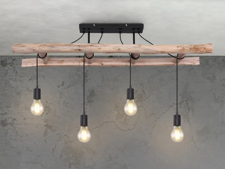 LED Deckenleuchte 4-flammig mit Leiter Holzbalken, Breite 115cm