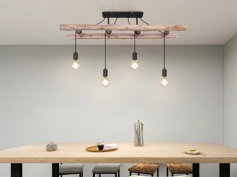 LED Deckenleuchte 4-flammig mit Leiter Holzbalken, Breite 115cm