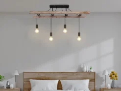 LED Deckenleuchte 4-flammig mit Leiter Holzbalken, Breite 115cm
