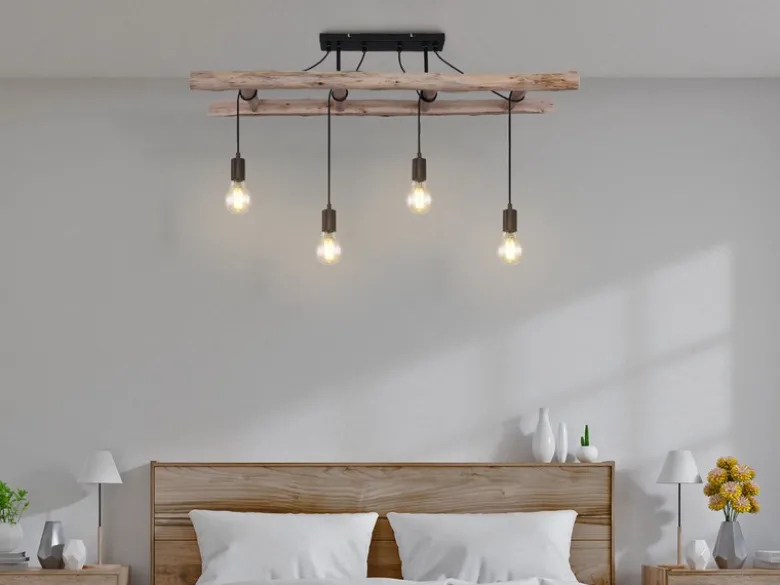 LED Deckenleuchte 4-flammig mit Leiter Holzbalken, Breite 115cm
