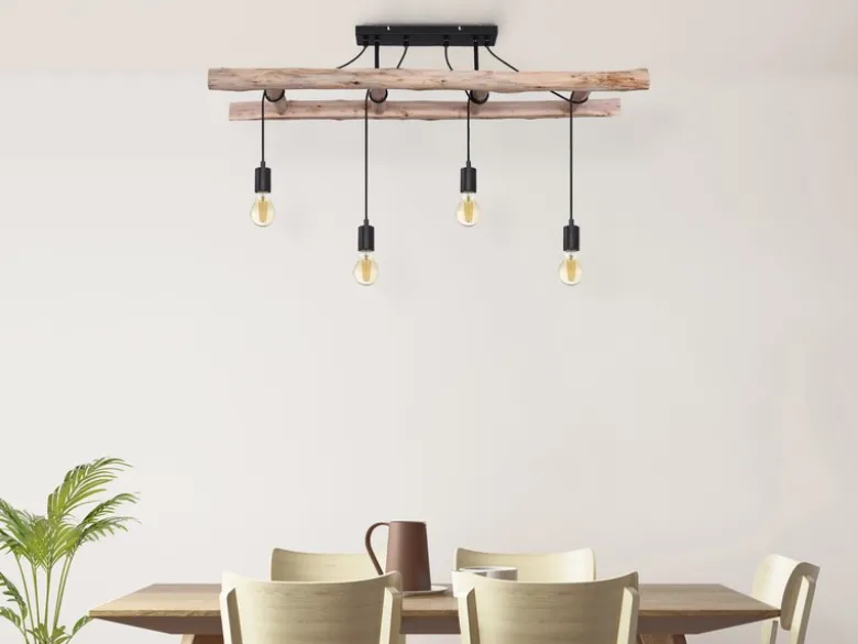 LED Deckenleuchte 4-flammig mit Leiter Holzbalken, Breite 115cm