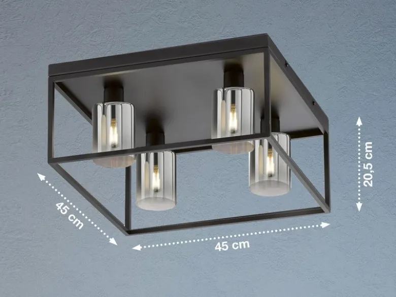 LED Deckenleuchte 4-flammig Schwarz mit Rauchglas, Quadrat 45cm