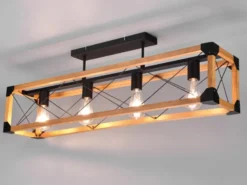 LED Deckenleuchte 4-flammig Schwarz mit Holzbalken, Breite 100cm