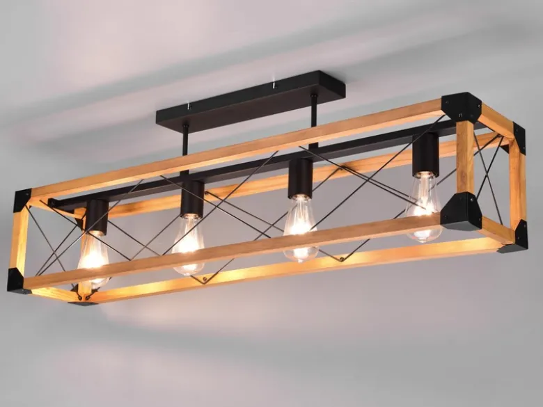 LED Deckenleuchte 4-flammig Schwarz mit Holzbalken, Breite 100cm