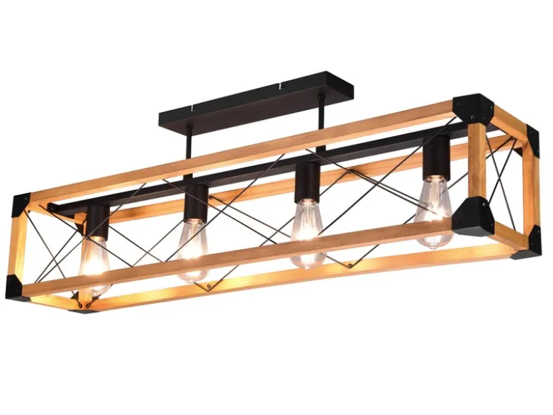 LED Deckenleuchte 4-flammig Schwarz mit Holzbalken, Breite 100cm