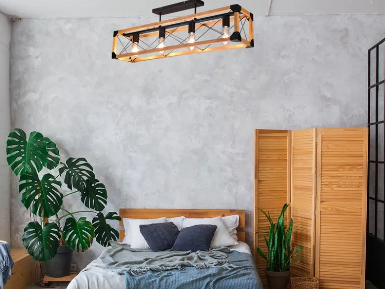 LED Deckenleuchte 4-flammig Schwarz mit Holzbalken, Breite 100cm