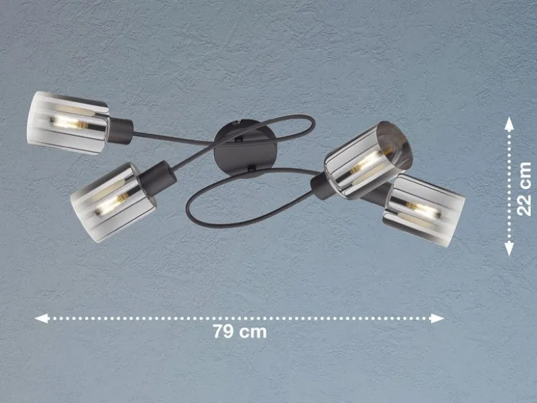 LED Deckenleuchte 4-flammig Schwarz mit Rauchglas, Breite 79cm