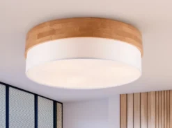 LED Deckenleuchte Holzlampe mit Stoffschirm Weiß, Ø 50cm